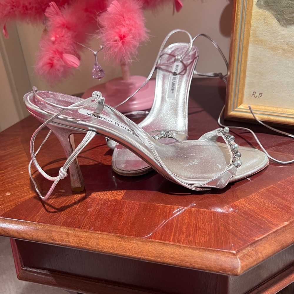 Manolo Blahnik Silver Ankle Wrap High-Heeled Sandals